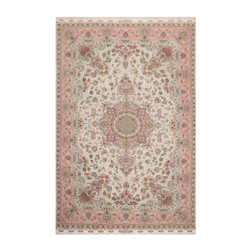 Hand Knotted Ivory Persian Wool & Silk Traditional Oriental Area Rug - 6' 7'' x 10' 3''