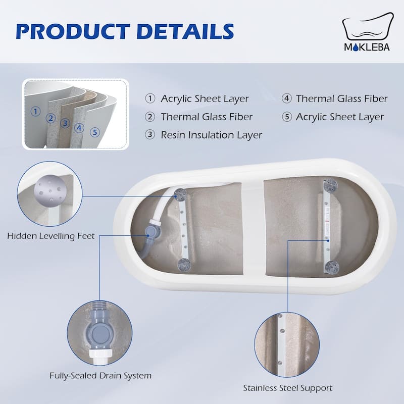 Mokleba 59"Lx28''W Freestanding Pedestal Slipper Soaking Acrylic Bathtub with Chrome Drain and Overflow