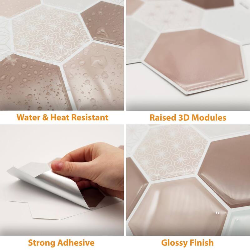 Walplus Honey Hexagon Glossy Peel and Stick Backsplash 11.8"x6" 12pcs