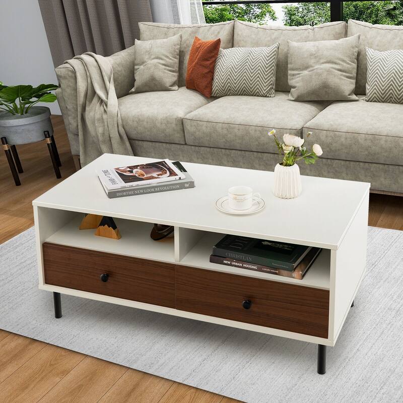 Gymax Coffee Table Modern Rectangle w/ Storage Shelf & Drawers Living