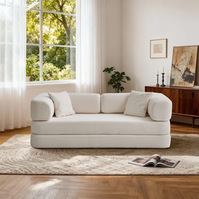 5-in-1 Modular Corduroy Floor Sleeper Sofa Bed Convertible Folding Compressed Couch with Movable Armrests for Living Room - Cream