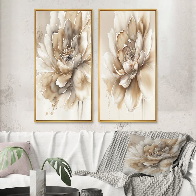 Designart "Single Beige Flower" Floral Framed Wall Art Set Of 2 - Beige Canvas Set For Living Room Decor - 40 in. wide x 40 in. high - Gold