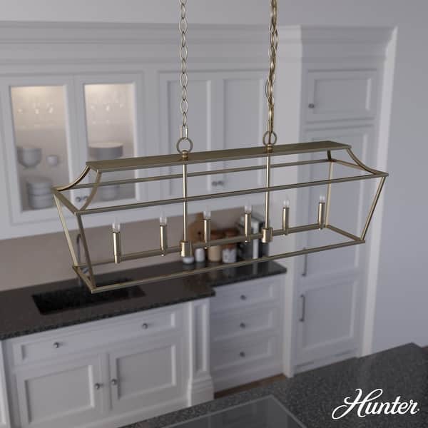 slide 2 of 19, Hunter Laurel Ridge 6-Light Linear Chandelier - Kitchen Island, Dining Room - Modern Farmhouse, Candle, Industrial, Transitional Alturas  Gold