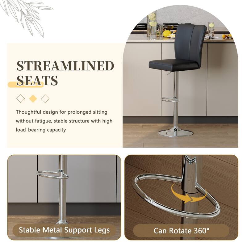 Modern 2-Piece PU Bar Stool Set — Smooth-Lined Backrest & Silver Trumpet Legs for Bar, Living Room, Lounge