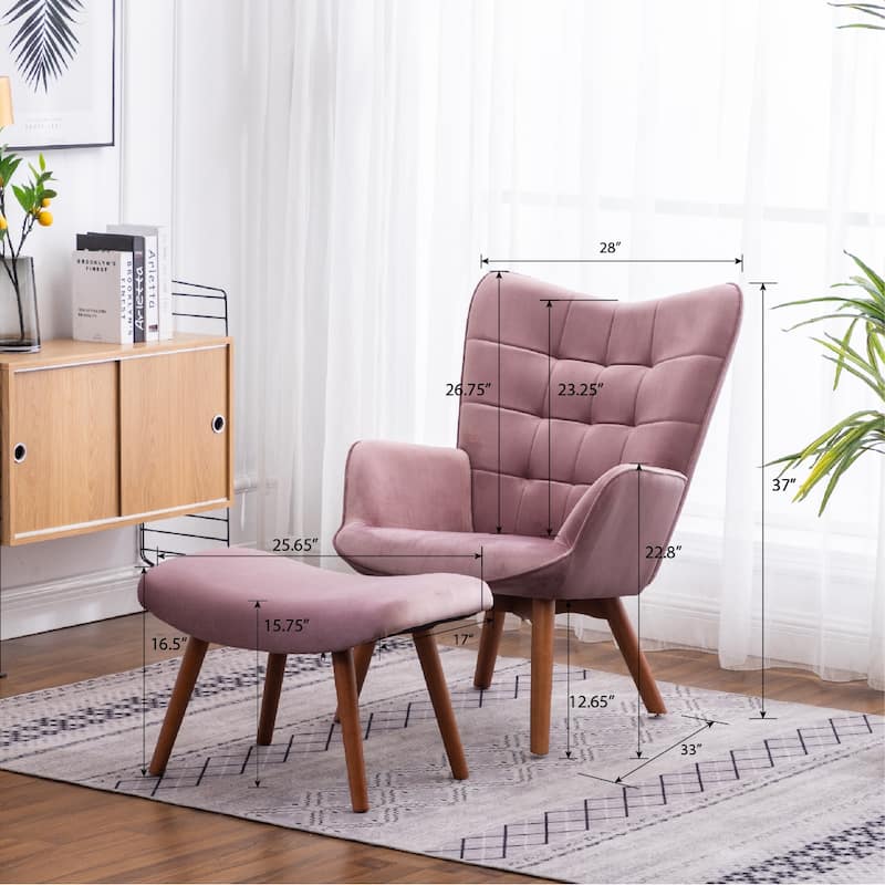 Contemporary Silky Velvet Tufted Accent Chair with Ottoman