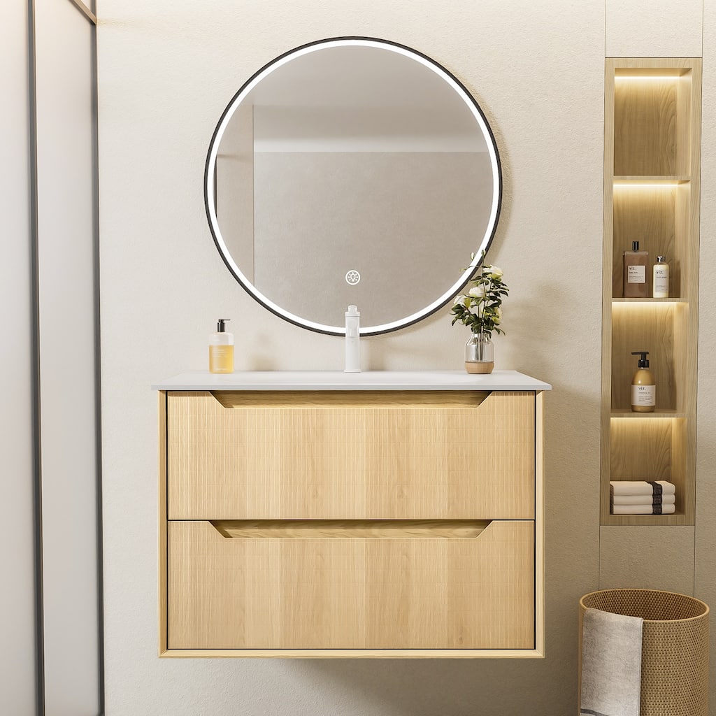 32" Floating Bathroom Vanity with Sink - Multi-Layer Solid Wood, Wall-Mounted with White Stone Top & 2 Soft-Close Drawers
