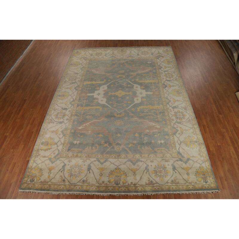 Oushak Indian Area Rug Hand-Knotted Transitional Green Wool Carpet - 9'11"x 13'8"