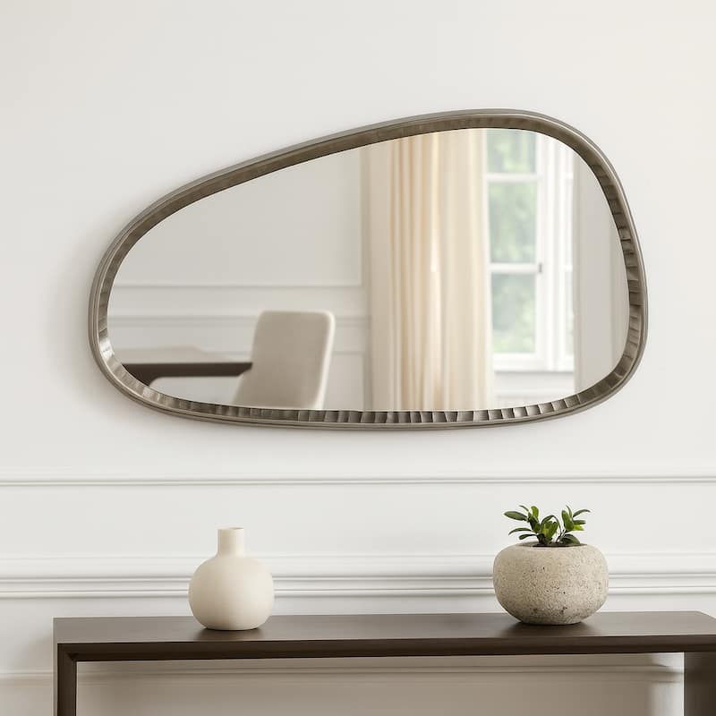 Metal Asymmetrical Mirror with Glass Wood Sculptural Modern Design