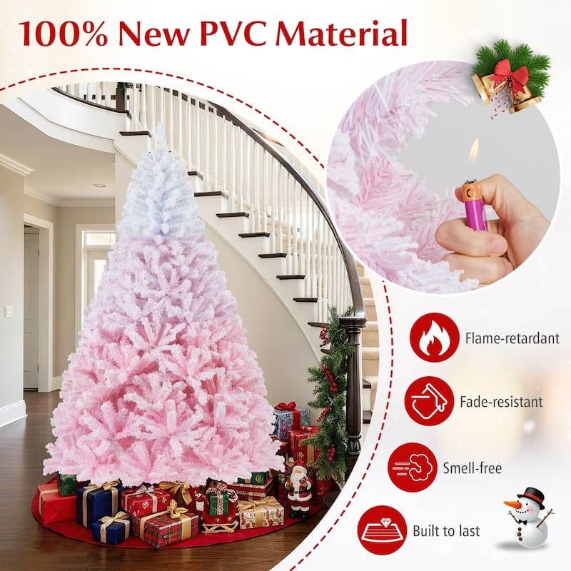 Gymax Artificial Christmas Tree Hinged Snow Flocked Xmas Tree w/ Lush - Pink, White