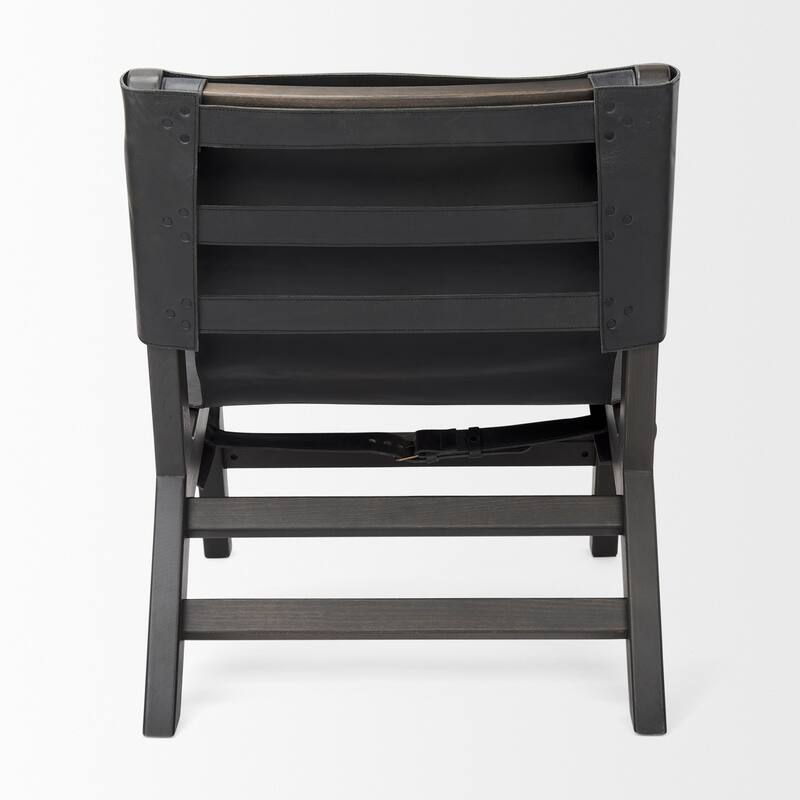 Elodie Black Genuine Buffalo Leather w/ Dark Brown Stained Solid Beechwood Frame Accent Chair - 24.4"W x 33.9"D x 30.7"H
