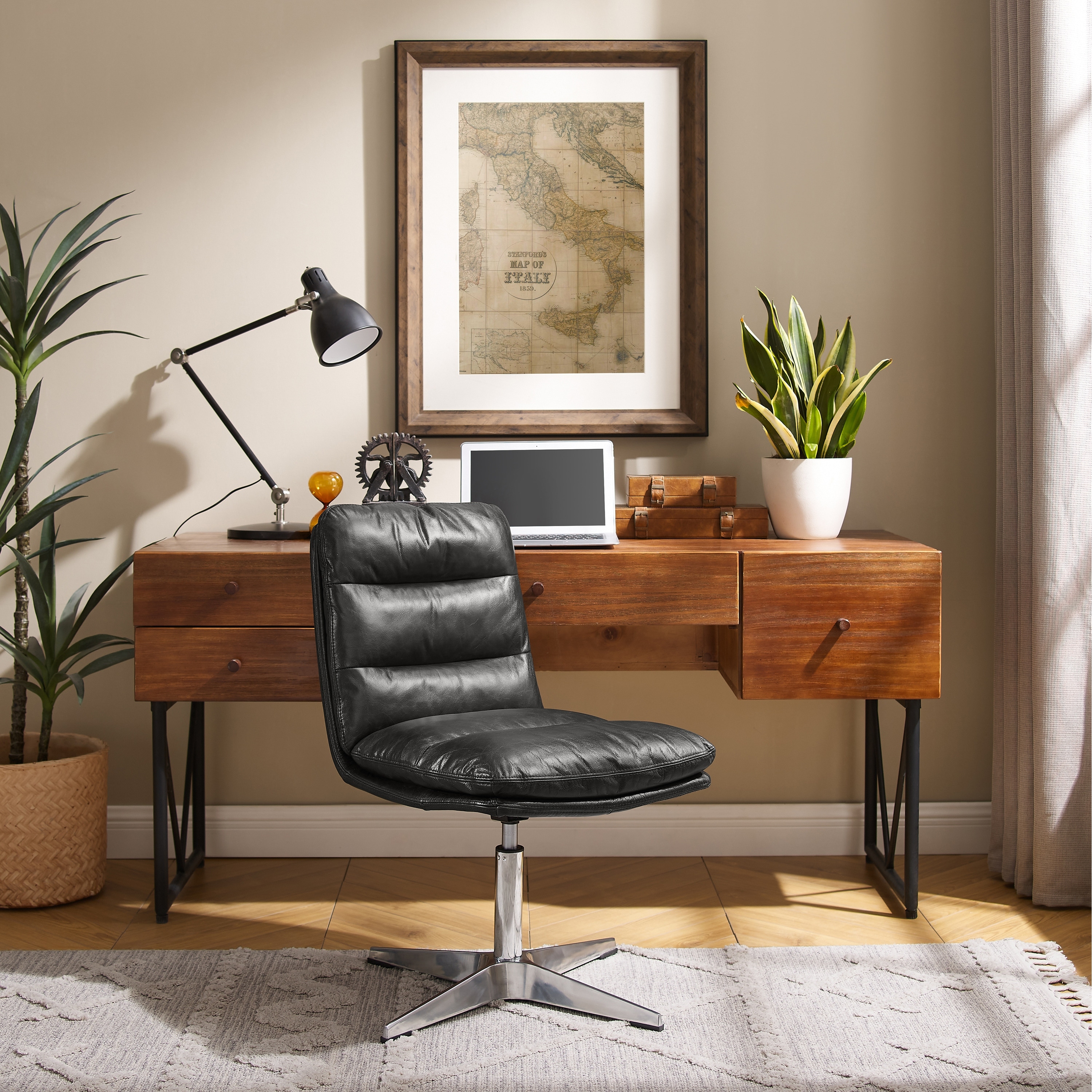 Art Leon Mid-Century Modern Genuine Leather Home Office Desk Chair