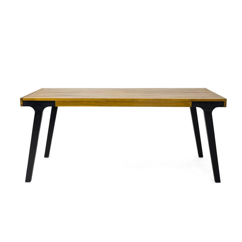 Roomfitters Modern Outdoor Dining Table with Acacia Wood Top and Black Metal Legs, Rectangular, Teak