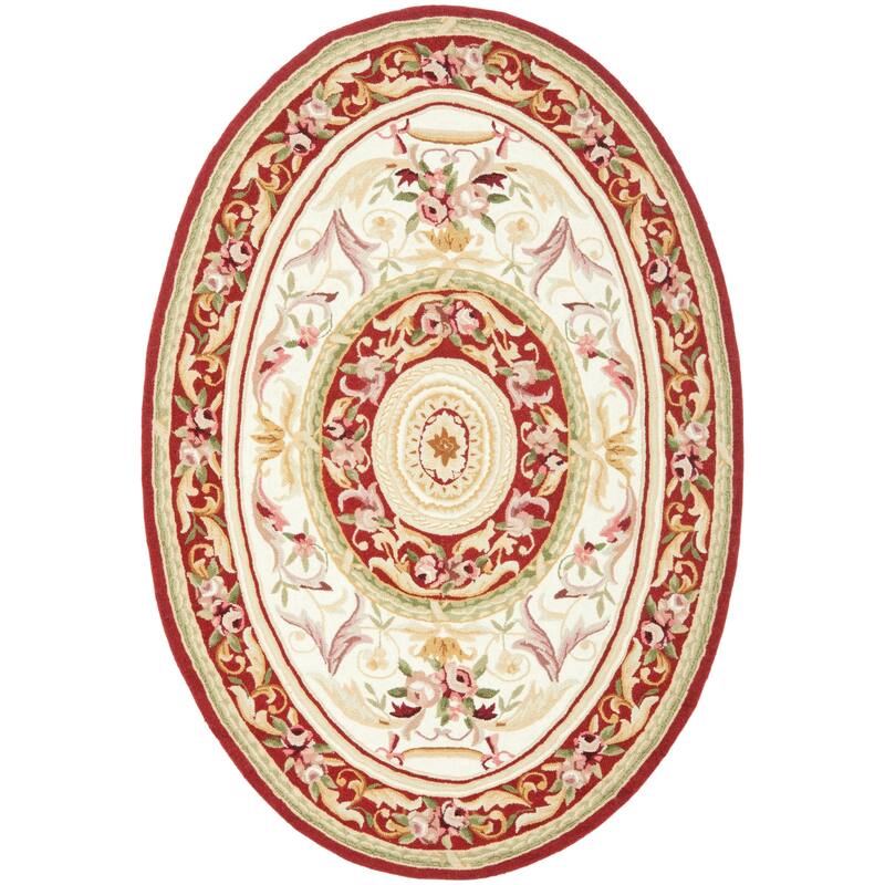 SAFAVIEH Handmade Chelsea Sangita French Country Wool Rug - 4'6" x 6'6" Oval - Ivory/Burgundy