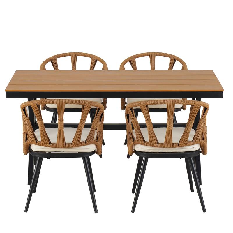 5-Piece Iron Patio Dining Set with Rectangular Table & Rope Cushioned Chairs