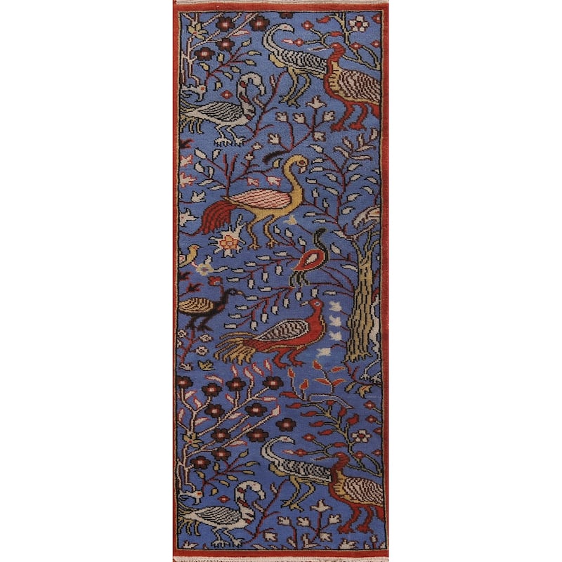 Animals Blue Design Ziegler Indian Runner Rug Handmade Wool Carpet - 2'6"x 7'11"