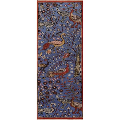 Animals Blue Design Ziegler Indian Runner Rug Handmade Wool Carpet - 2'6"x 7'11"