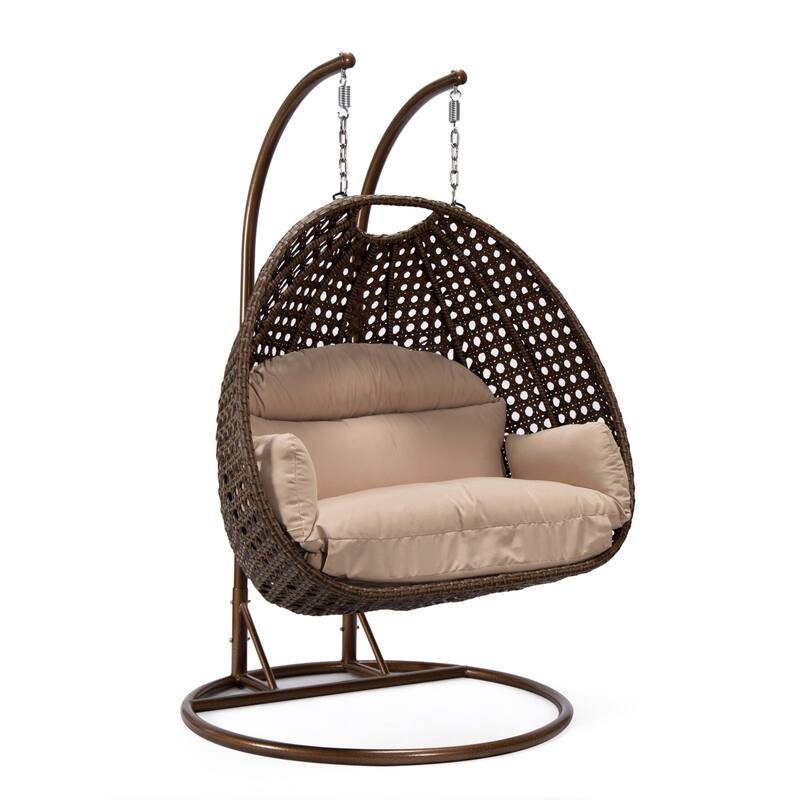 LeisureMod Mendoza Dark Brown 2 Seater Wicker Patio Hanging Double Swing Chair for Patio Porch Backyard Garden - 53" - Beige