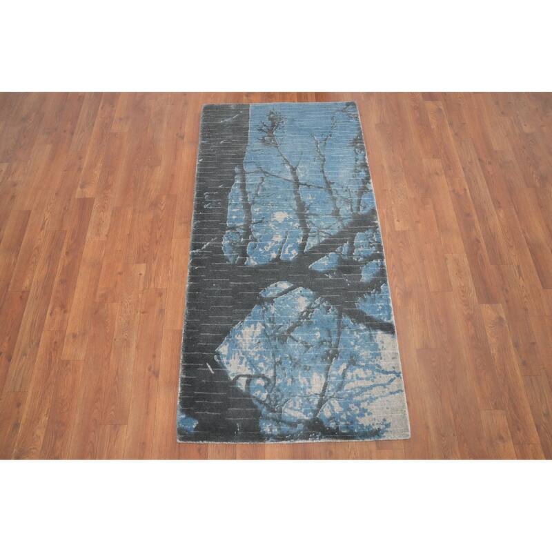 Hand Knotted Oriental Viscose Silk Carpet Modern Abstract Navy Blue & Blues Abstract Runner Rug - 4' 7'' X 2' 4''