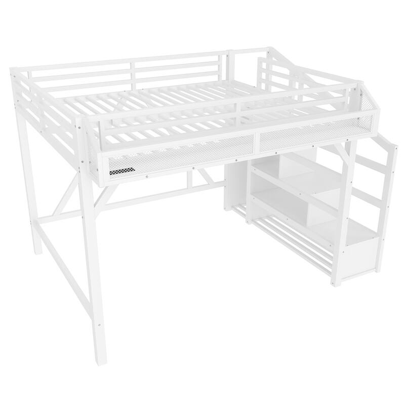 Roomfitters Metal Loft Bed with Wardrobe and Storage Stairs, LED Lights and USB