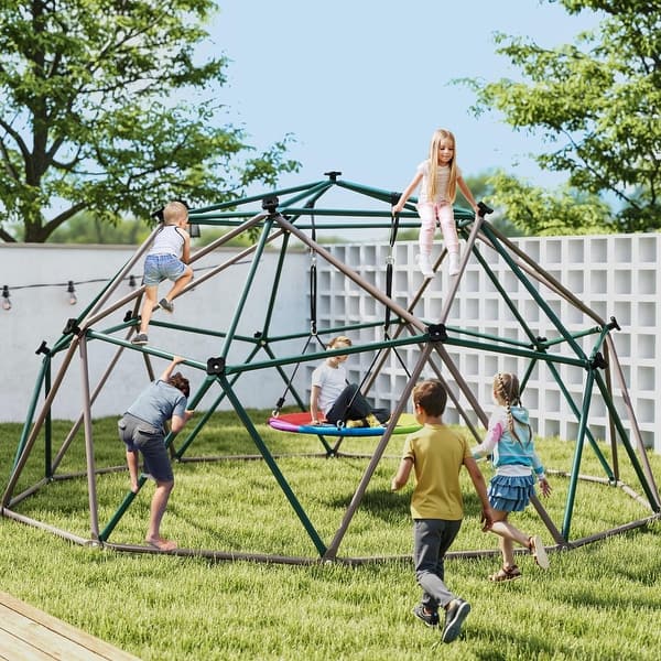 slide 2 of 10, 10 ft Climbing Dome Swing Set with Saucer Swing, Jungle Gym for Kids Outdoor Playset for Ages 3-12 - 10ftx10ft