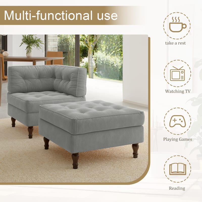 Corduroy Tufted Accent Chair Armchair and Ottoman Set