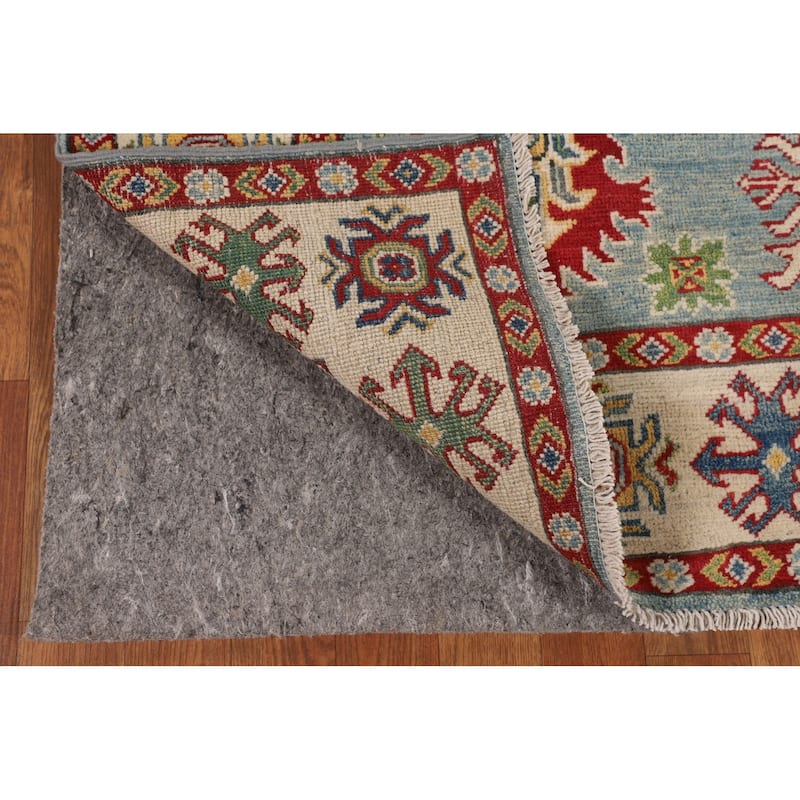 Traditional Light Blue Geometric Kazak Rug Hand-Knotted Wool Carpet - 4'11" x 6'9"