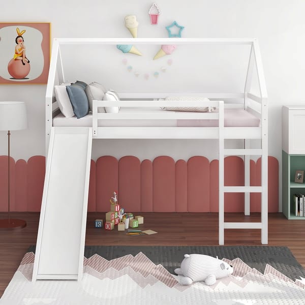 slide 2 of 15, Stylish and Playful Design Wood Loft Bed with Slide, Ladder and Roof, Twin size, White White
