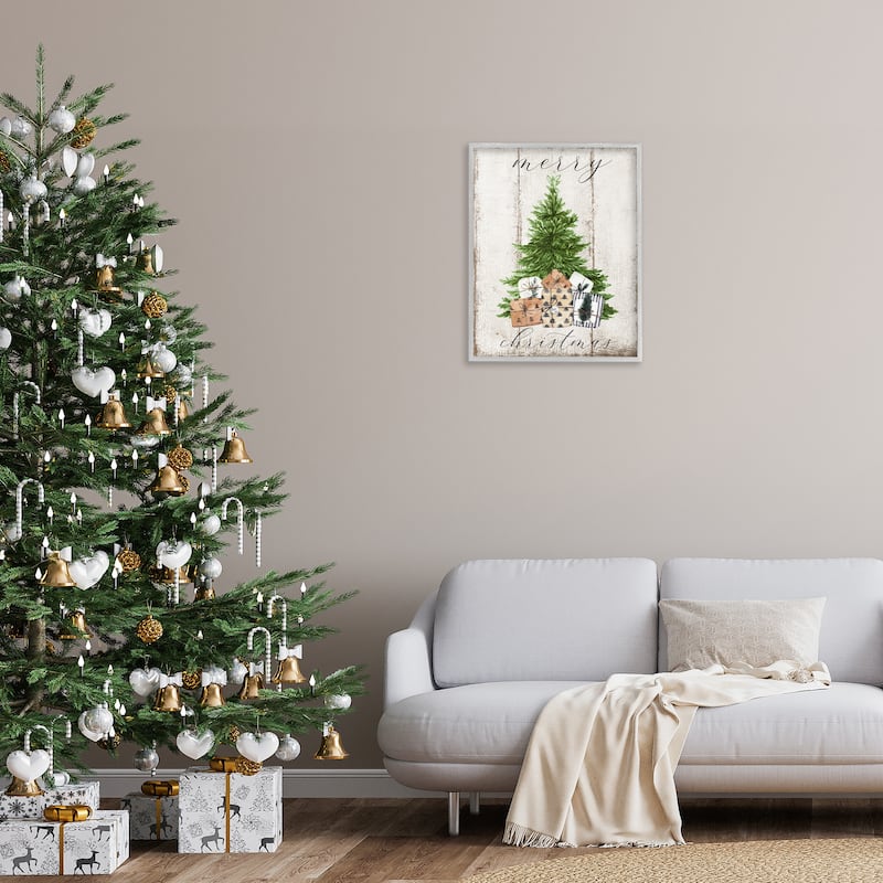 Stupell Rustic Distressed Merry Christmas Tree Illustration Framed Wall Art