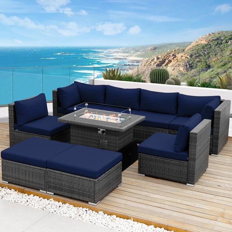 FINCATI Outdoor High-back Wicker Patio Sectional Set, 500 lbs Luxury Oversized Conversation Set, Spacious Couch Set - 242100 - Navy Blue