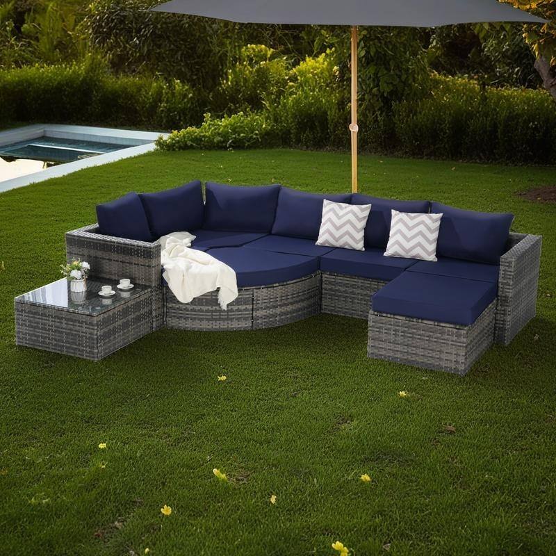 8-Piece Outdoor Patio Rattan Modular Sectional Sofa Set with Tempered Glass Coffee Table