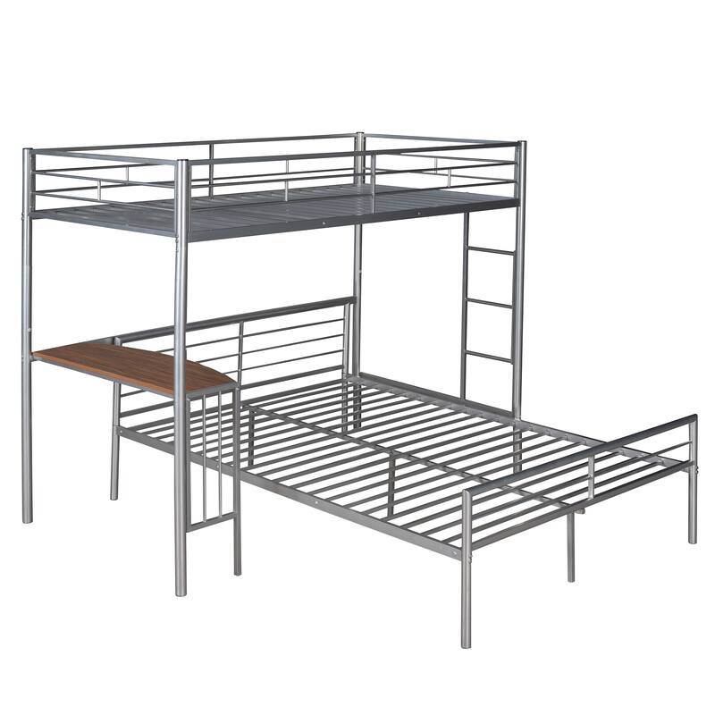 Silver Twin over Full Metal Bunk Bed with Desk, Ladder, and Quality Slats