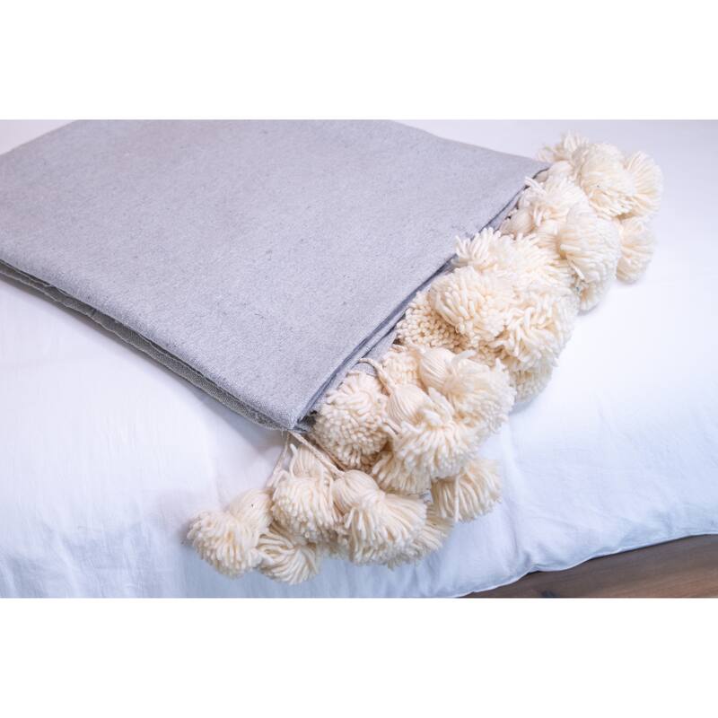 Handwoven Moroccan Blanket Throw with Pom Pom in Grey