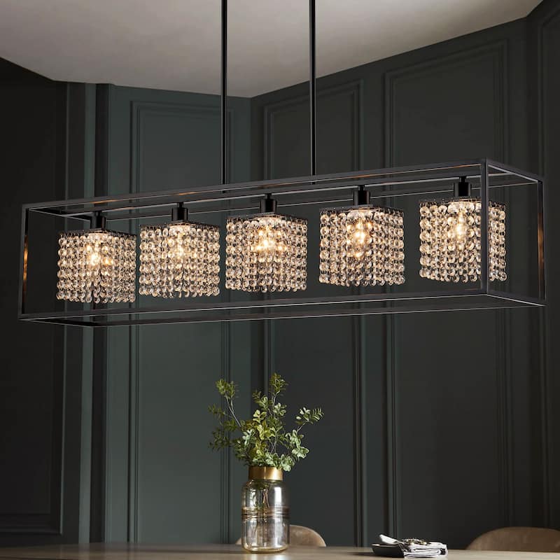 5-Light Modern Black Glam Rectangular Island Large Crystal Chandelier - 39.37 in. W x 8.66 in. D x 8.66 in. H