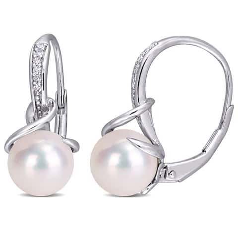 Miadora 8-8.5mm White Freshwater Cultured Pearl and Diamond Twist Leverback Earrings in Sterling Silver (G-H, I2-I3)