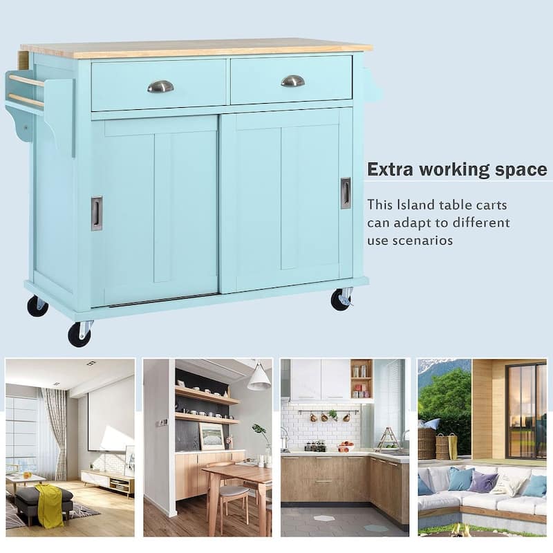 Rubberwood Folding Countertop Kitchen Cart with 2 Drawers and Storage Cabinet
