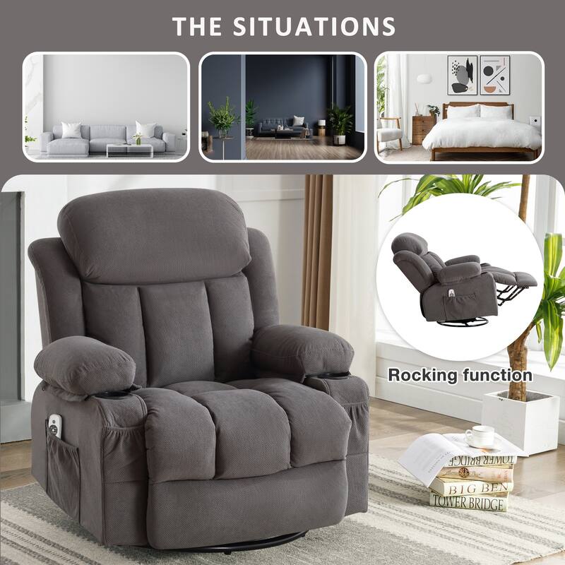 Swinging recliner massage heated sofa with USB and 2 cup holders in side pockets