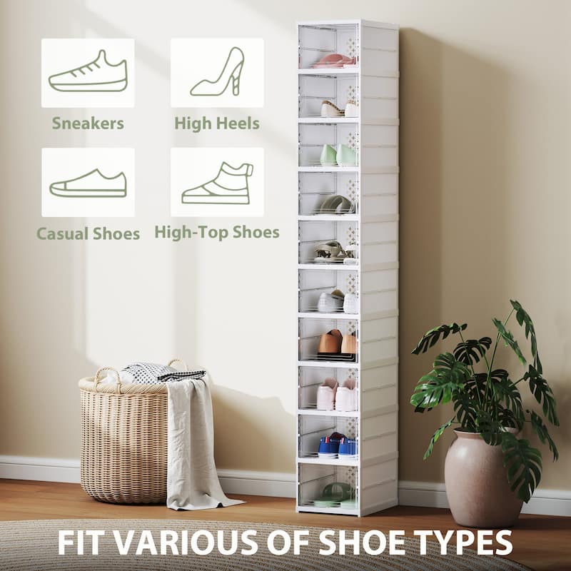 HOMCOM 10 Pack Foldable Shoe Organizer, Plastic No Assembly Stackable Shoe Storage Box with Clear Door, Space Saving