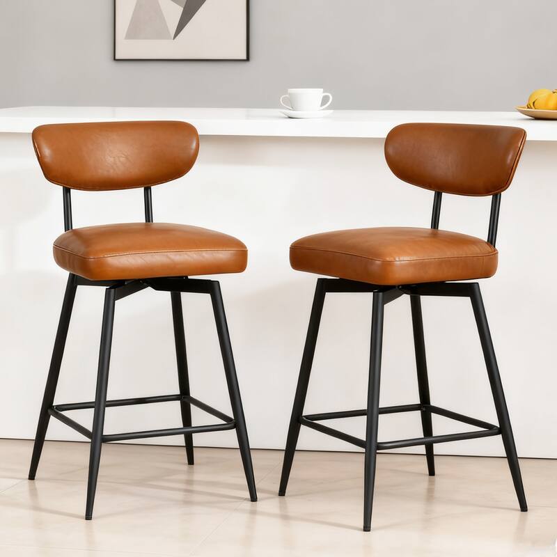 Modern Nearly 26" H Swivel Faux Leather Counter Height Bar Stools - Set of 2 - Brown