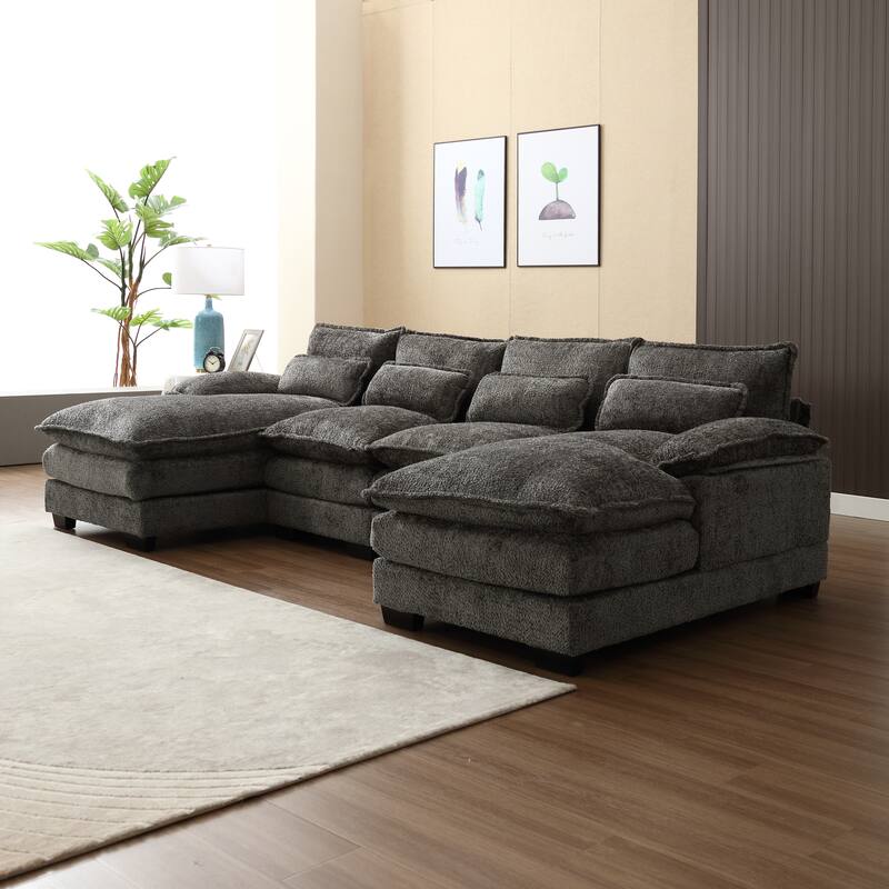 Gray Chenille U-Shape Reversible Sectional Sofa with Ottomans & Pillows