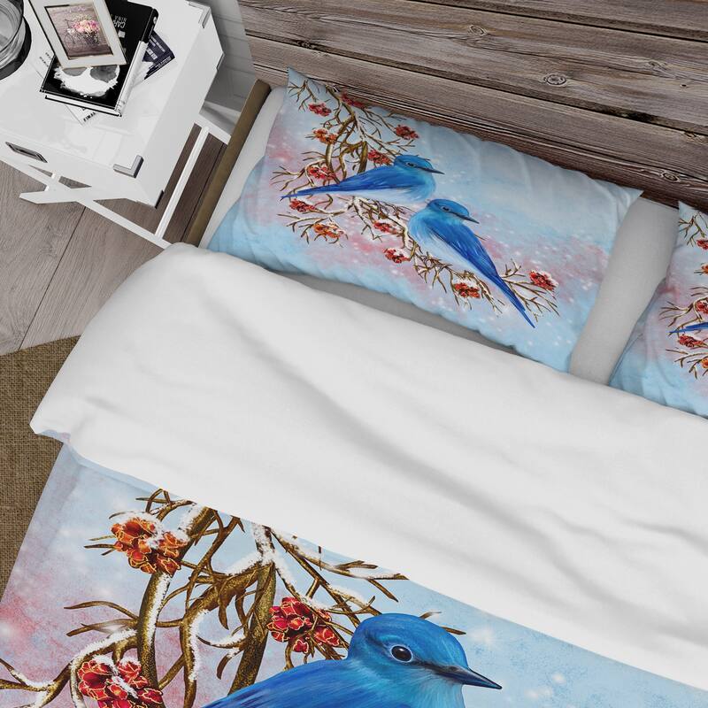 Designart 'Two Blue Birds Sitting On A Branch With Berries' Traditional