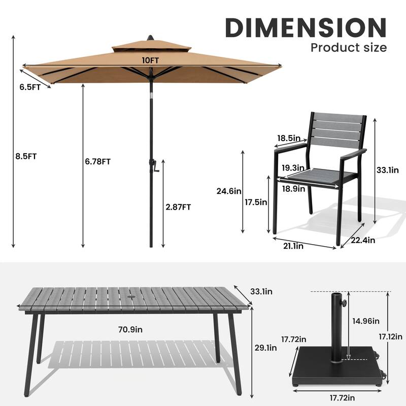 9-Piece Outdoor Dining Set Aluminum Table and 8 Stackable Chairs and 10 ft Umbrella with Base