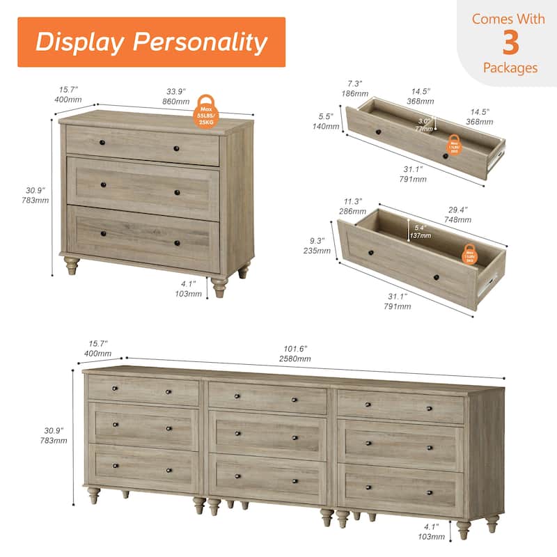 Dresser for Bedroom with 3 Drawer, Accent Kids Dresser Storage Cabinet