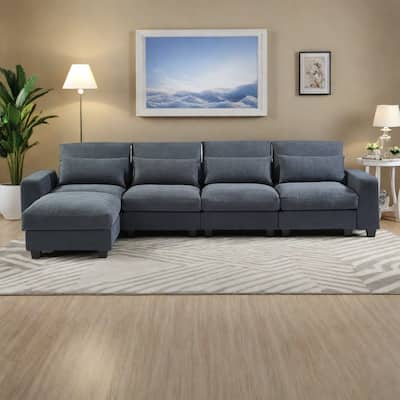 129.9" Chenille L-Shape Sectional Sofa with Reversible Chaise, Feather-Filled Cushions and Spring Support