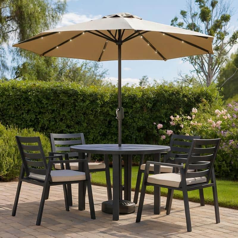 Round Dining Table Powder-Coated Aluminum Top with Slatted Design and Umbrella Hole for Family Gatherings & Parties