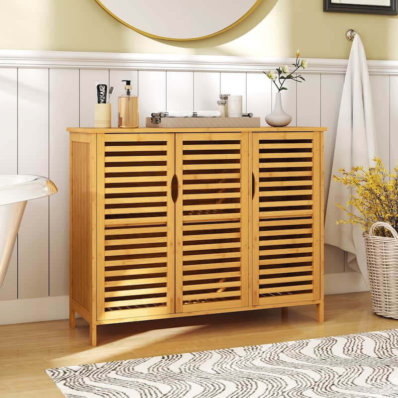 3-Door Natural Wicker Storage Cabinet with Adjustable Shelves for Bathroom, Kitchen or Dining Room - 39.5" x 14" x 31.5"