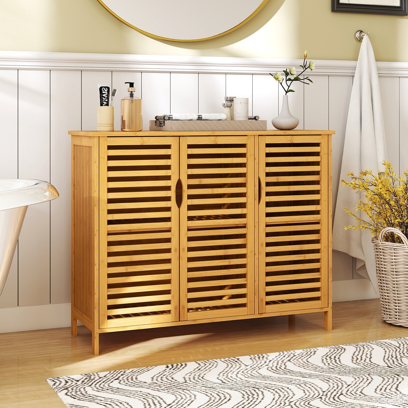 Gymax Bamboo Bathroom Cabinet 3-Door Storage Organizer w/ Shelves