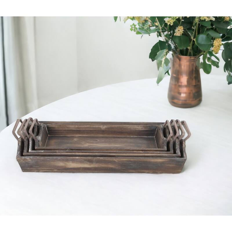 HomeRoots Set of Four Brown Wood Handmade Serving Tray With Handles - Brown