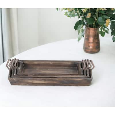 HomeRoots Set of Four Brown Wood Handmade Serving Tray With Handles