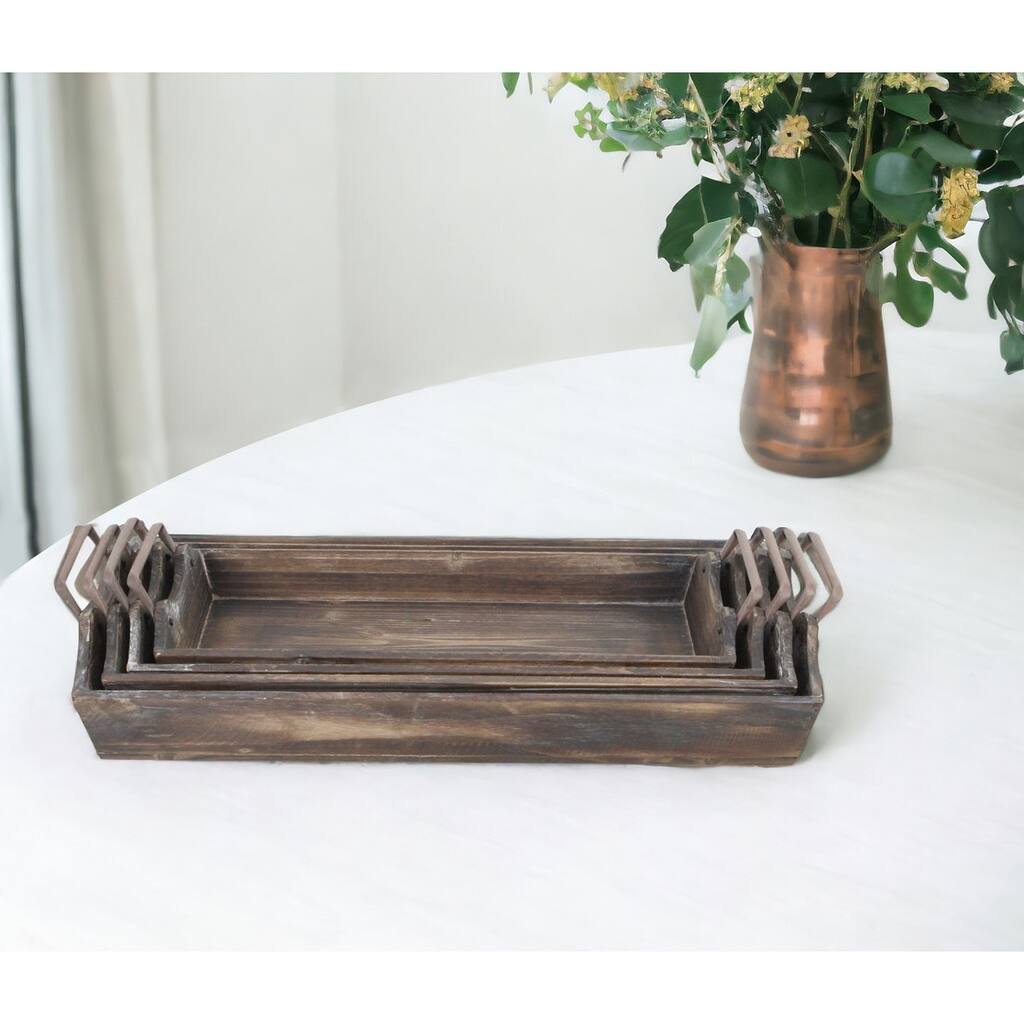 HomeRoots Set of Four Brown Wood Handmade Serving Tray With Handles