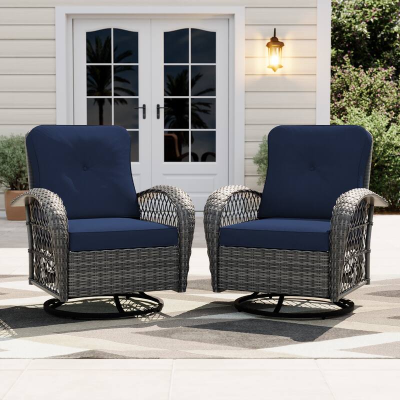 UPHA Wicker Outdoor Rocking & Swivel Chair 2-Piece Set with Cushions - Blue